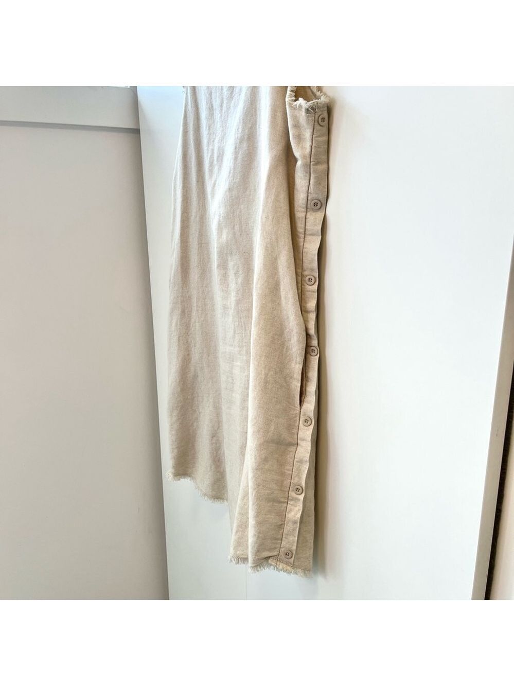 Lost in Lunar Linen Cotton Shift Dress Fringe Trim, Beige Oatmeal Sleeveless, S - Picture 6 of 16
